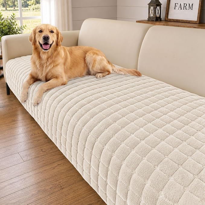 Smiry Velvet Couch Cover for Dogs, Non Slip Soft Sofa Protector for Pets | Washable Sofa Cover for Cats, Cozy Furniture Protector Against Pet Hair, Scratches, Fits Sectional Sofa(White, 36"x94.5") by Smiry
