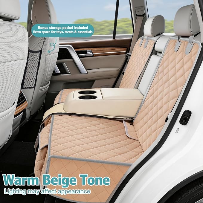 Bark Lover Dog Car Seat Cover for Back Seat,Armrest Compatible, Waterproof Backseat Protector, Nonslip Rear Seat Cover for Dogs & Kids, Universal Size Fits Cars Trucks SUVs (Beige) - Image 2