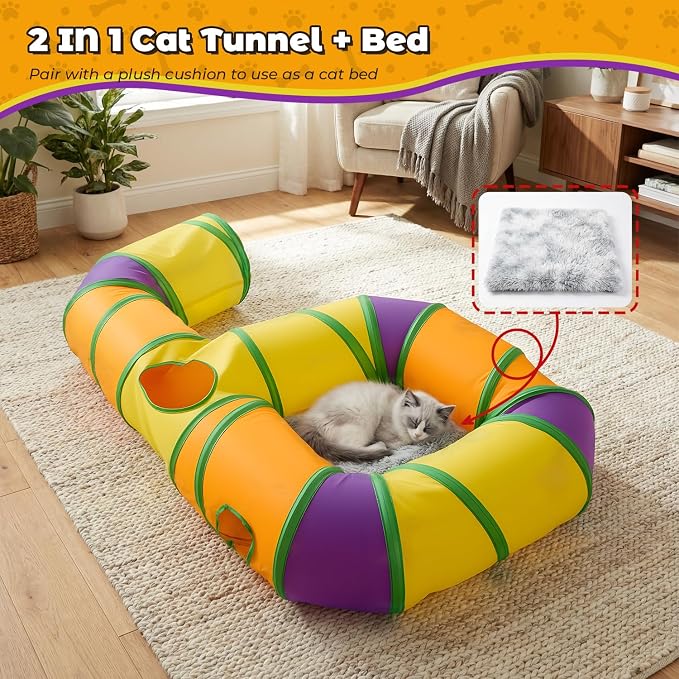 Cat Tunnel for Indoor Cats 6-Shaped, Collapsible Cat Playhouse Pet Play Tunnel Tube Maze with Hanging Pom-Poms and Interactive Hole for Kitten, Kitty, Puppy, Rabbits, Ferret, Guinea Pig - Image 6