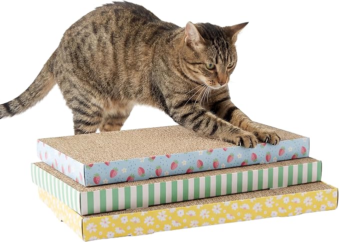Kitty City 3-Pack XL Double Sided Corrugate Cat Scratcher Pads with Catnip - X-Large Horizontal Cat Scratcher Mats, Reversible Corrugate Nail File Scratchers - Spring Design, 18” x 10” Each by KittyCity