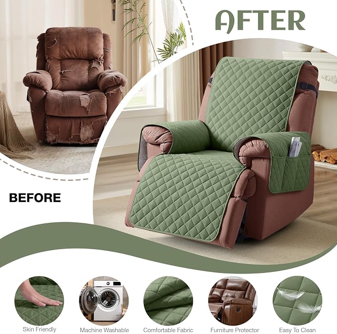 KinCam 100% Waterproof Recliner Chair Covers Washable, 23.6", Cactus Green | Anti Slip Reclining Couch Covers for Pets Dog, Recliner Sofa Slipcover Storage Pocket, Furniture Protector with Elastic Strap - Image 6