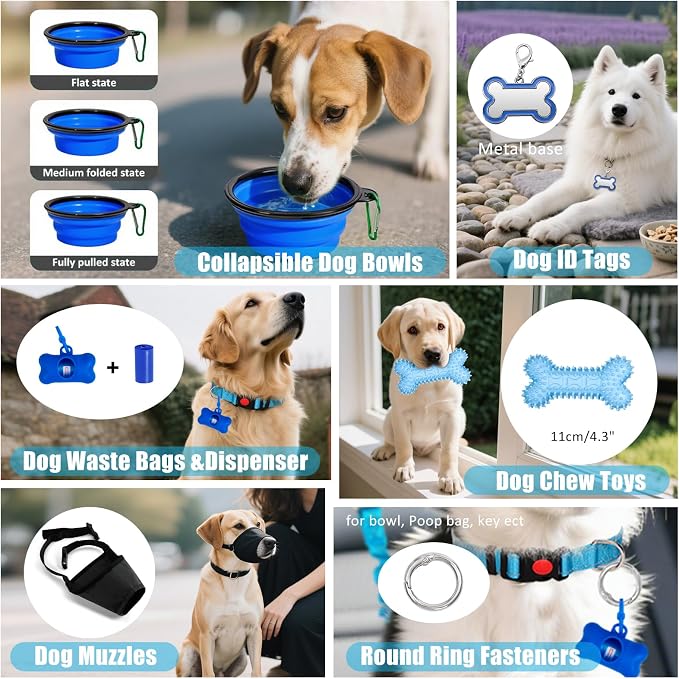 No Pull Dog Harness Adjustable Collar & Leash Set - Dog Halter Harnesses Collapsible Bowls & Poop Bag Dispenser Muzzle ID Tags Toys Fits Small Medium Large Dogs (Blue-XL) - Image 7