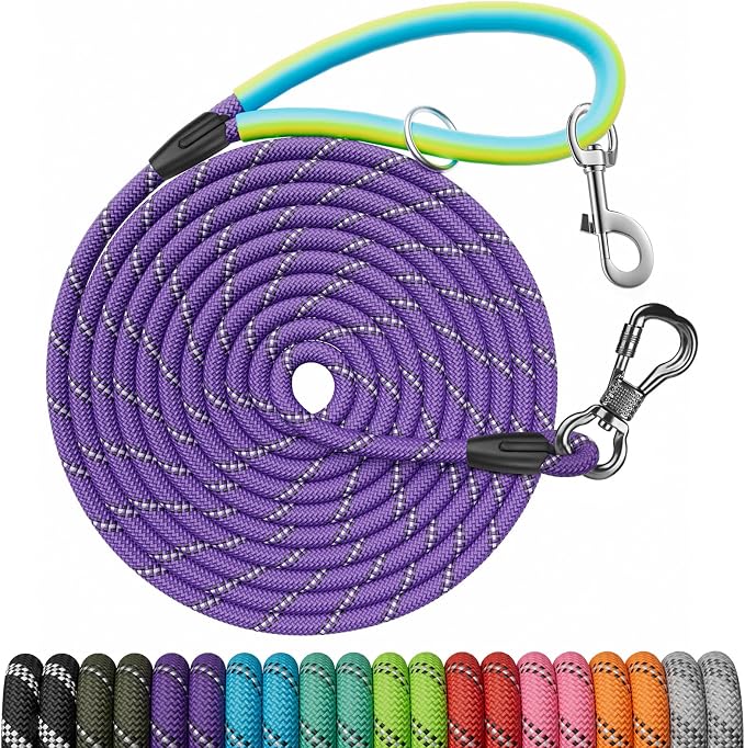 NTR Dog Rope Leash, 30FT Recall Training Lead, with 2 Swivel Hooks, Reflective Threads and Soft Rubber Handle, Puppy Leash for Walking, Hunting, Camping for Small Medium and Large Dogs-Purple by NTR