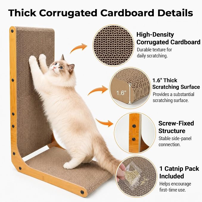 PatiencET L Shape Cat Scratcher, 26 Inch Cardboard Scratch Pad | For Indoor Cats, Large Vertical Scratch Board, Furniture Protector - Image 4