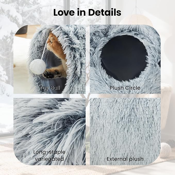 Tempcore Plush Cat Tunnel for Indoor Cats, 3 Way Collapsible Pet Play Tunnel with Teaser Wand, Peek Holes & Hanging Ball, Interactive Tube for Kittens & Rabbits, Light Grey - Image 8