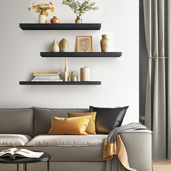 BAYKA Black Floating Shelves 35.4in, Set of 3, Wall Mounted for Wall Decor | Easy Install, 30lbs Max Load, Hidden Bracket, Shelving for Bathroom Bedroom Kitchen Display Storage, Multi-Wall Compatible - Image 4