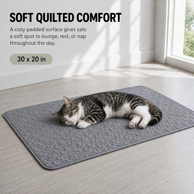 2-Pack Washable Cat Litter Mats, 30 x 20 in, Black/Grey | Absorbent quilted layers with PU barrier, paw-print silicone grip, 2 pockets and 6 empty cotton pouches; catnip not included. - Image 4