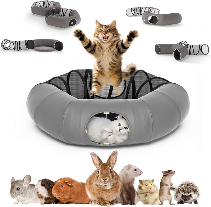 COZIWOW Cat Tunnel Bed for Indoor Cats, 2-in-1 with Splicing Design | Dual Material Cushion & Hanging Toys, Adjustable & Foldable Shape, Cat Donut Cave for Kitten/Bunnies(Grey) by COZIWOW