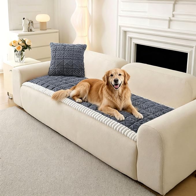OTOB Couch Cover for Dogs Washable Pet Friendly, Non Slip Plush Fuzzy Love Seat Couch Covers Sofa Slipcovers, Geometric Jacquard Soft Pet Cushion Mat Protector All Seasons, (Dark Gray, 27.6" x 59.1") by OTOB