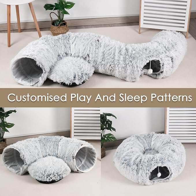 Baseola Fuzzy Cat Tunnel Bed for Indoor Cats, 2-in-1 Interactive Cat Toys | Peekaboo Cat Cave with Washable Mat, Collapsible Cat Play Tunnel for Kittens & Small Pets, Plush Cat Donut Bed Tunnel, Grey - Image 9