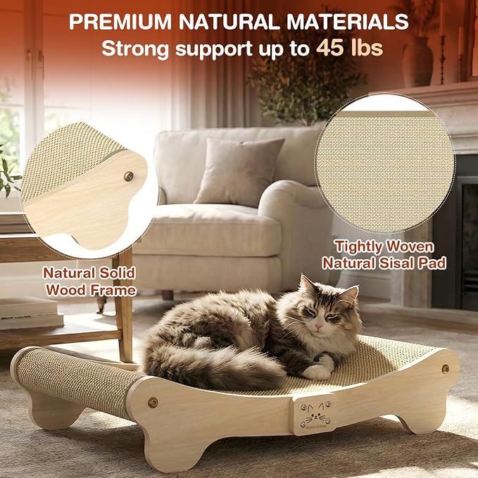 NOCOEX Sisal Cat Scratcher Bed: Wood Scratch Board Hammock for Indoor Cats | Natural Solid Wood Curved Frame Lounger Sleep Scratching Pad Post Large Cats 45 lbs, Easy Assembly Modern Furniture Protector - Image 2