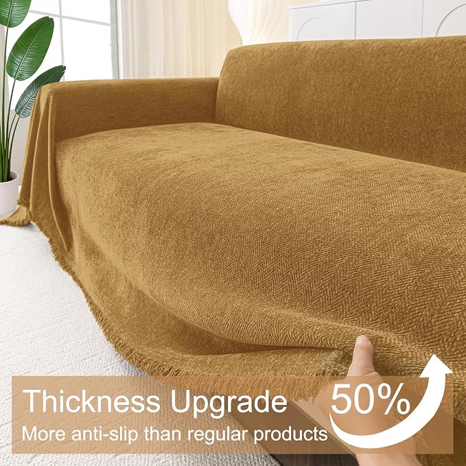 Smiry Couch Cover for Dogs, Chenille Sofa Covers for 3 Cushion Couch | Washable Soft Sofa Slipcover for Pets, Thick Sectional Furniture Protector with Tassels (Yellow, 71x134 Inch) - Image 4