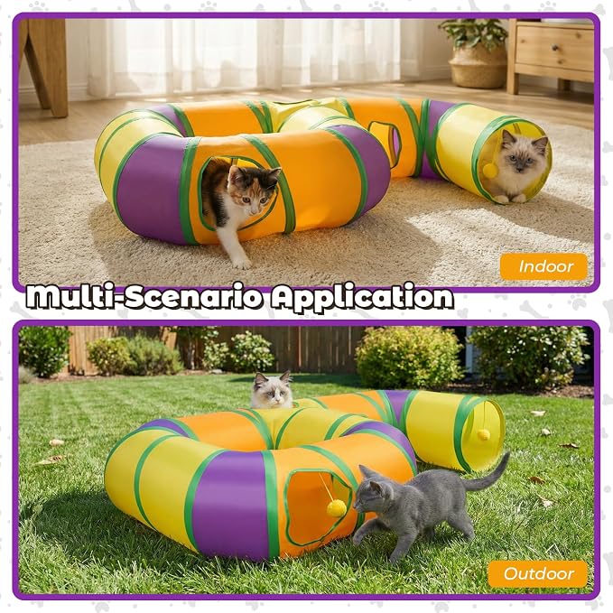 Cat Tunnel for Indoor Cats 6-Shaped, Collapsible Cat Playhouse Pet Play Tunnel Tube Maze with Hanging Pom-Poms and Interactive Hole for Kitten, Kitty, Puppy, Rabbits, Ferret, Guinea Pig - Image 7