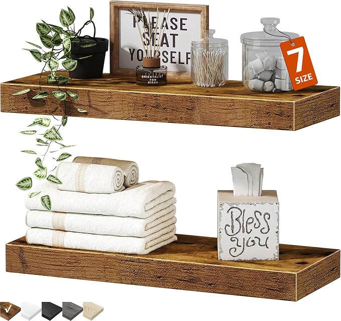 QEEIG Bathroom Floating Shelves for Wall - 15.7" Wall Mounted Shelf Over Toilet Farmhouse Home Decor Display Bookshelf Small 15.7 x 6.7 inch Set of 2, Rustic Brown (008-40BN) by QEEIG