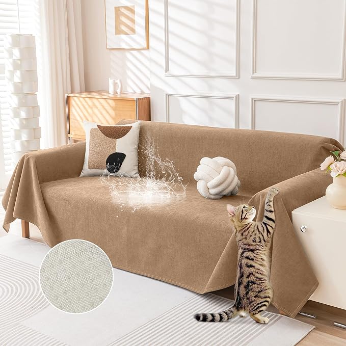 Deep Dream Cat-Scratch Resistant Couch Cover, Waterproof Sofa Cover for 3 Cushion Couch Washable, Pet Friendly Couch Protectors Anti Slip Thickened Sofa Slipcovers for Dogs Pets, 71" x 150", Brown by DeepDream