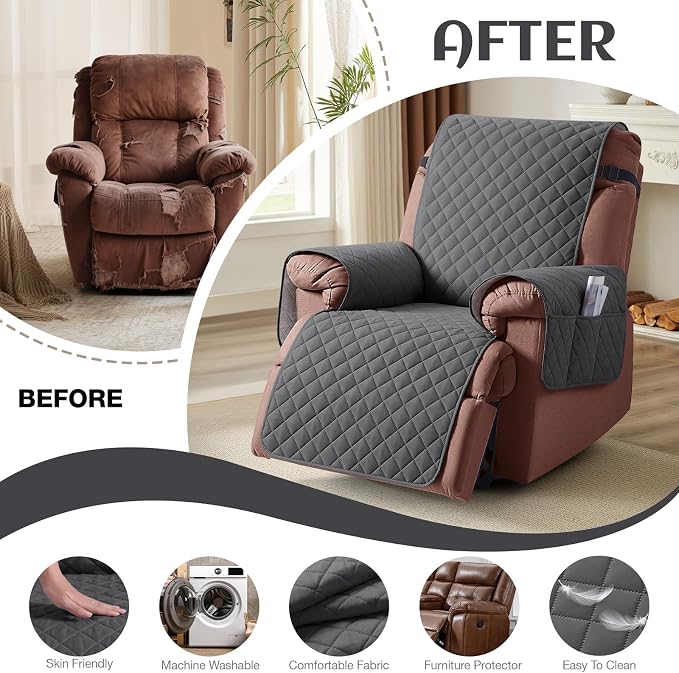 KinCam 100% Waterproof Recliner Chair Covers Washable, 23.6", Charcoal Gray | Anti Slip Reclining Couch Covers for Pets Dog, Recliner Sofa Slipcover Storage Pocket, Furniture Protector with Elastic Strap - Image 6