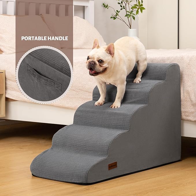 Aodisman Dog Stairs for High Bed,5-Step Pet Ramp for Small Dogs and Cats | 22.2" H Dog Steps for Bed with High-Density Foam, Help Olders,Short-Legged Dogs,Puppy and Cats Get on Beds Easily,Grey,Grey - Image 4