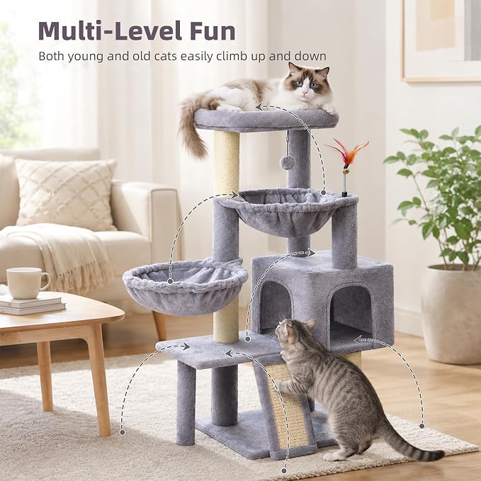 Cat Tree with Cat Condo and Two Hammocks, Cat Tree with Scratching Posts and Scratching Pads, Cat Tower for Indoor Cats, Activity Centre Climbing Tree with Playful Toy Balls, Grey - Image 7