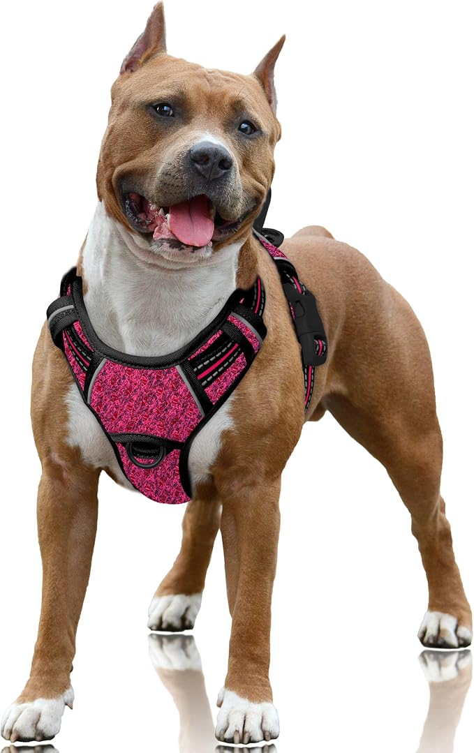 BARKBAY No Pull Dog Harness Large Reflective Dog Harness with Front Clip and Easy Control Handle for Walking Training Running with ID tag Pocket(Pink/Black,L) by BARKBAY