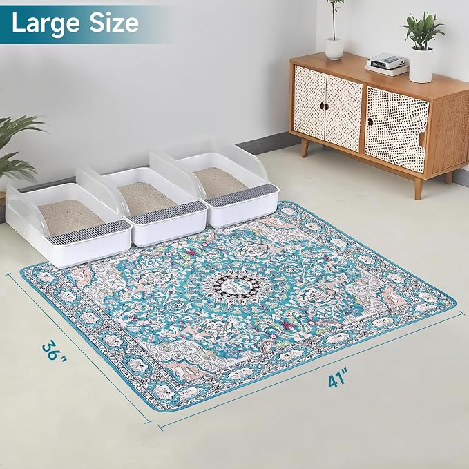 Cat Litter Mat, Reusable Kitty Litter Trapping Mat 2 PCs, 41"x36" Washable Litter Mats for Cats, Waterproof & Non-Slip Compatible with Cat Box (Lake Blue Medallion, 41"x36"(2 PCS)) - Image 2