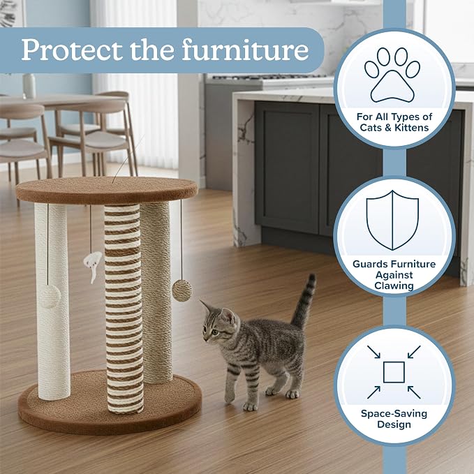 Cat Scratching Post - 3 Scratcher Posts with Carpeted Base Play Area and Perch - Furniture Scratching Deterrent for Indoor Cats by PETMAKER (Brown), Large | Large Tower Furniture Scratching Deterrent with Perch and Play Area for Indoor Cats and Kittens - Image 3