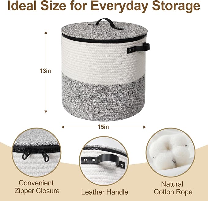 Storage Basket with Lid, 15"x13" Round Woven Blanket Storage for Living Room, Soft Cotton Rope Bin with Zipper Top, Shoe Basket with Lid for Entryway, Floor Kids Dog Toy Bin Box with Cover - Image 2
