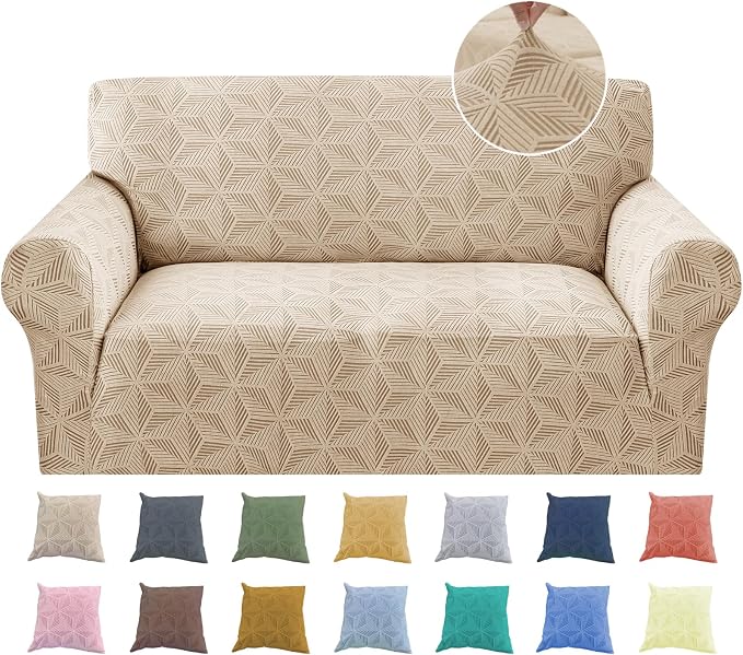 YEMYHOM 1 Piece Stretch Couch Covers for 2 Cushion Couch, Jacquard Loveseat Cover with Non-Slip Elastic Bottom, Thickened Slipcover Furniture Protector for Dogs Pets (Medium, Khaki） by YEMYHOM