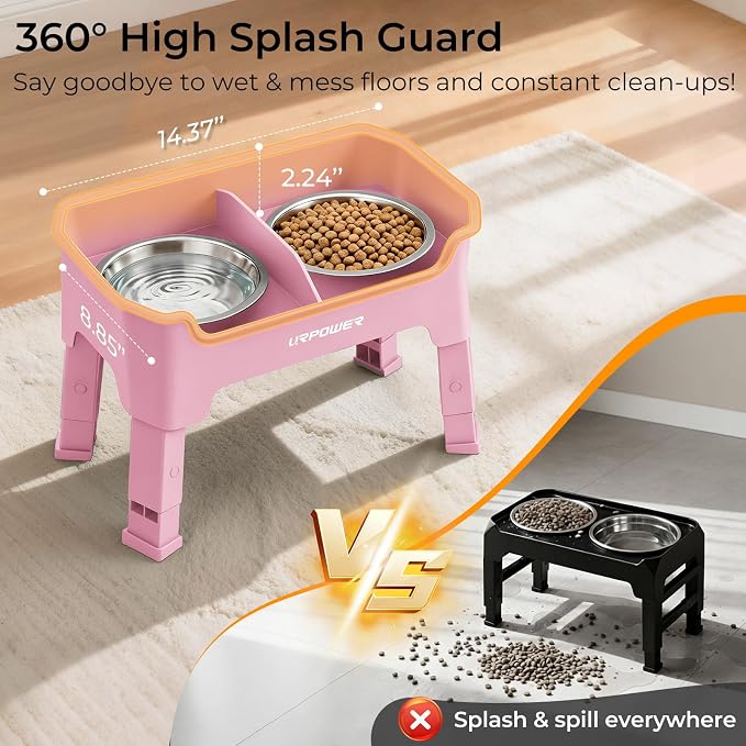 URPOWER Mess Proof Elevated Dog Bowls, Splash Guard Raised Bowl Stand | 4 Adjustable Heights, 2 Stainless Steel Bowls, Food & Water Separation, Non-Slip Base, Foldable Design for Small Dogs - Image 4