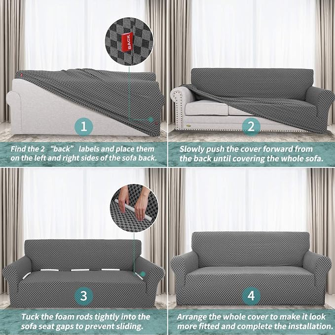 YEMYHOM Couch Cover Latest Jacquard Design High Stretch Sofa Covers for 3 Cushion Couch, Pet Dog Cat Proof Slipcover Non Slip Magic Elastic Furniture Protector (Large, Dark Gray Checkered) - Image 7