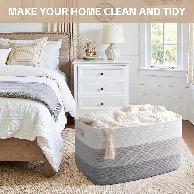 OIAHOMY Blanket Basket Laundry Basket Dog Toy Basket 75L Gradient Grey | Large Storage Basket,Baby Basket,Toy Storage,Woven Rope Basket for Blankets,Blanket Storage for Living Room - Image 9