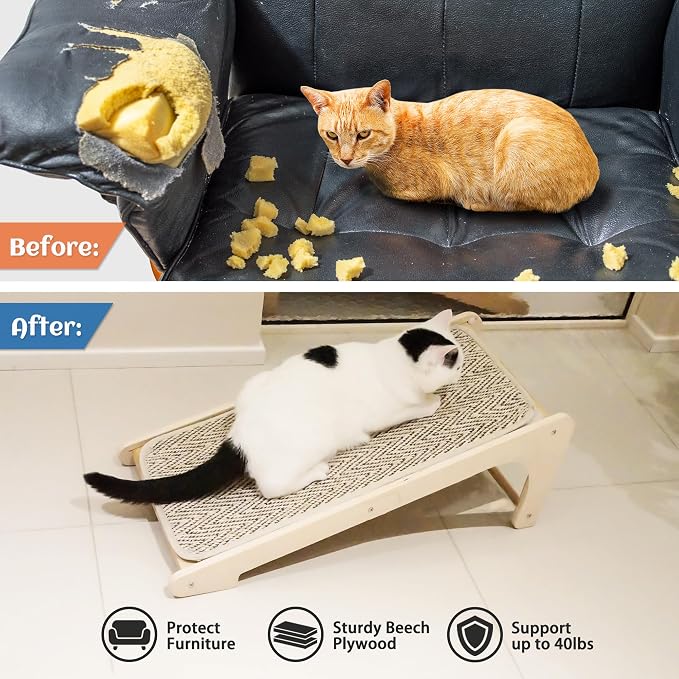 PETKARAY L Shape Cat Scratcher, Sisal Scratching Ramp, Chevron Scratching Pad for Indoor Cats, 27" Wall Furniture Protector with Mouse Toy - Image 4