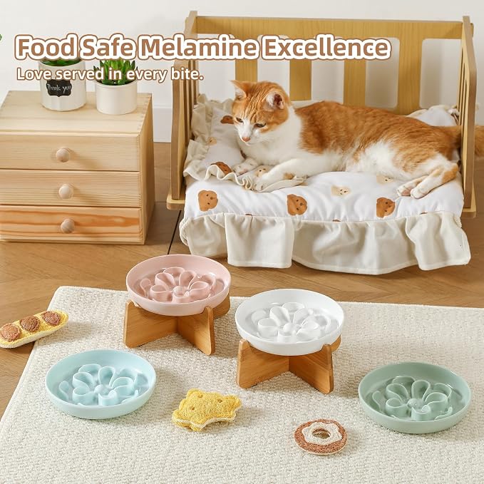 Elevated Slow Feeder Cat Bowl - Melamine Cat Dish with Anti-Slip Bamboo Stand - Whisker Friendly Feeding Bowl - Floral Maze Food Plate for Slow Eating - Blue - Image 7