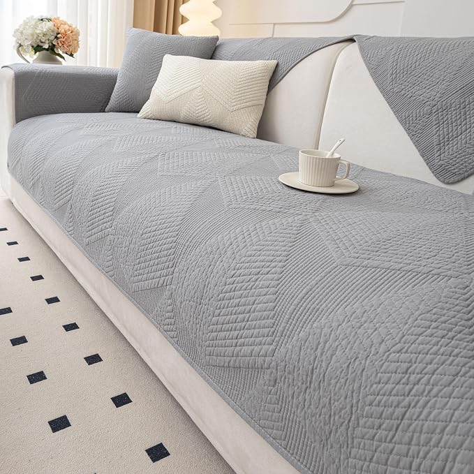 vctops Cotton Quilted Couch Covers for Sectional Sofa (Grey,36"x63") | Geometric Washable Non Slip Sofa Slipcover for Dogs, Children, Pets Furniture Protector Cover - Image 7