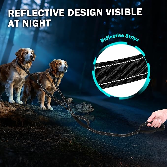 Uppetly Double Dog Leash for 2 Dogs, No Tangle Dual Leashes for Walking with Adjustable Length, Reflective Stitching and 4 Comfortable Padded Handles (Large, Black) - Image 5