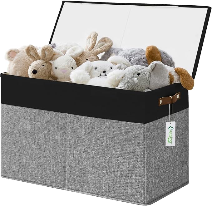 Bagnizer Large Toy Storage Box with Lids, Collapsible Sturdy Baby Storage Organizer Chest Bin Basket for Kids, Boys, Girls, Playroom, Nursery, Bedroom, Closet 25"x13"x16" (Gray and Black) by Bagnizer