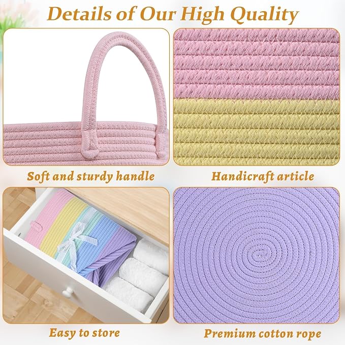 67L Large Rainbow Blanket Basket, Cotton Rope Baby Laundry Hamper with Handles, Kids Toy Basket for Classroom & Nursery, Soft Round Stuffed Animal Storage, Dog Toy Bin - 20"x13", Light Rainbow - Image 7