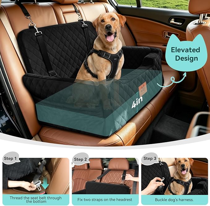 XIEEAOZEE Dog Car Seat for Large/Medium Dogs Up to 55 Lbs, Soft Fabric Car Dog Bed Filling Memory Foam, Removable and Washable Pet Booster Carseat with 2 Safety Leashes, Thick Cushion (Black) - Image 5