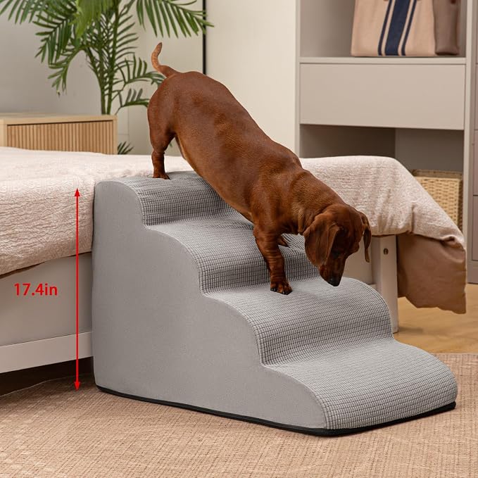 Aodisman Dog Steps for Bed or Couch,4-Step Pet Stairs Ramp for Small Dogs | 17.4" H Indoor Non-Slip Dog Stairs Help Senior Dogs,Short-Legged Breeds,Puppies and Cats to Reach Beds and Chairs,Light Grey - Image 6