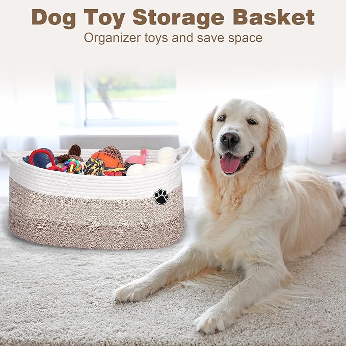 Optish 40L Extra Larg Dog Toy Basket, Woven Rope Storage Basket,White-Brown | 20" x 14" x 9" XL Toy Storage Box and Bin with Handles for Living Room, Bedroom Organization, Foldable, Durable, Home Decor - Image 2