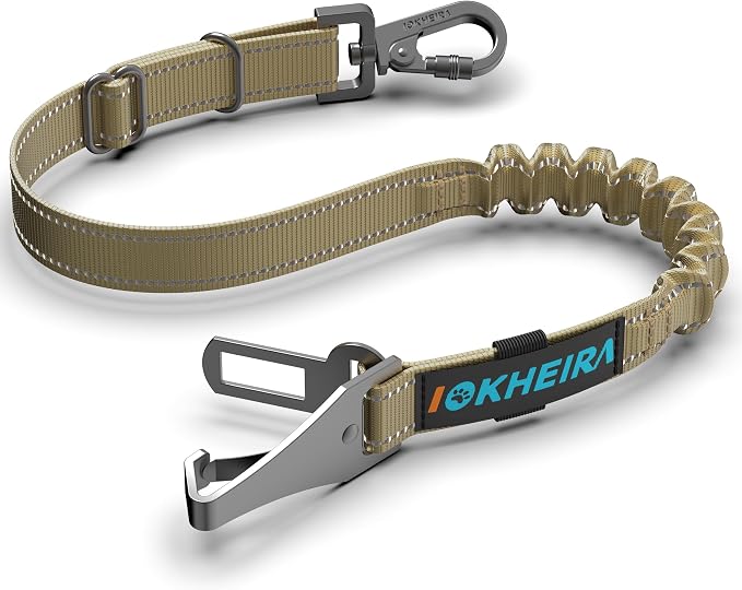 IOKHEIRA Dog Seat Belt 3-in-1 Car Harness for Pets Adjustable Safety Seatbelt Nylon Reflective Bungee Fabric Dog Car Harness with Clip Hook Latch & Buckle, Swivel Zinc Alloy Carabiner (Green) by IOKHEIRA