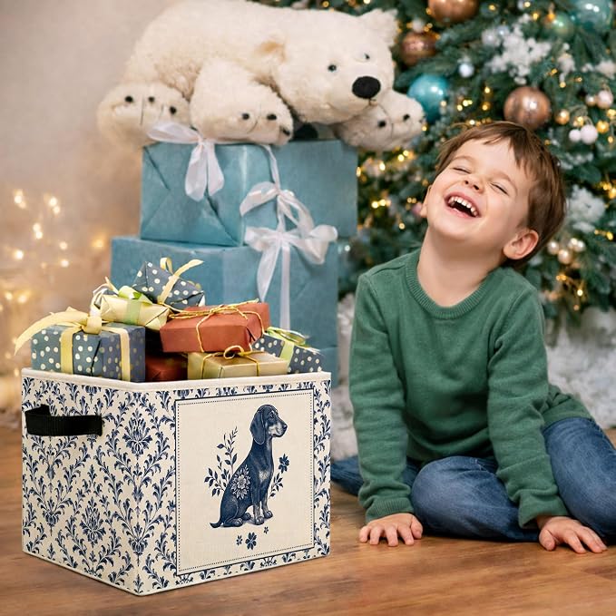 Blue Floral Dog Storage Bin, Foldable Fabric Organizer | Vintage blue floral dog storage bin for toys, books, clothes, pet supplies, nurseries, bedrooms, shelves, and closets. - Image 7