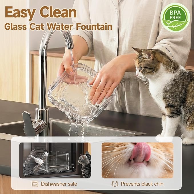 PETTEN Glass Cat Water Fountain,Easy Clean,No Plastic(78oz/2.5L) | BPA-free,Dual flow modes, <20dB silent pump. 2.5L/78oz, perfect for indoor cats & small dogs. Dishwasher safe. - Image 4