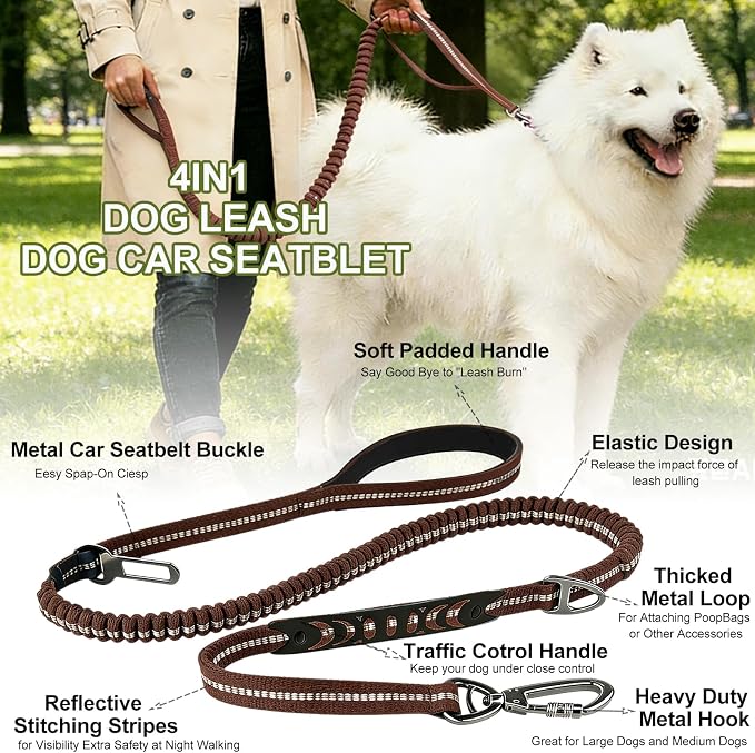 Dog Leash Heavy Duty, Bungee Leash Reflective Car Seat Belt for Dogs Brown | 4-6FT Strong Shock Absorbing Tactical with 2 Padded Handles, Dog Tug Lead for L XLarge Dogs Walking Running Training - Image 4