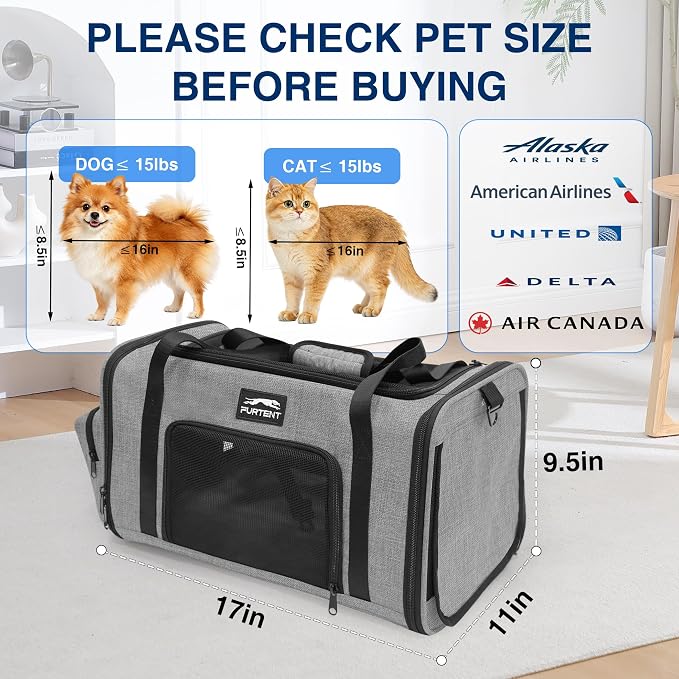 Pet Carrier for Small Dogs & Cats, Airline Approved, Lightweight, Foldable, Comfortable Travel Bag with Plush Cushion & Extra Storage (Grey) - Image 4