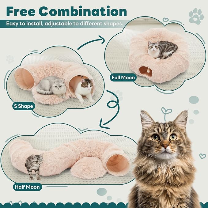 DUMOS Cat Tunnel Bed for Indoor Cats, Cave Donut Play Tunnel, Cream White | Soft Plush Peekaboo, Washable Circle Cushion, Multifunctional Playground Under Tree Toys for Kittens, Puppy, Rabbit, Ferret - Image 3