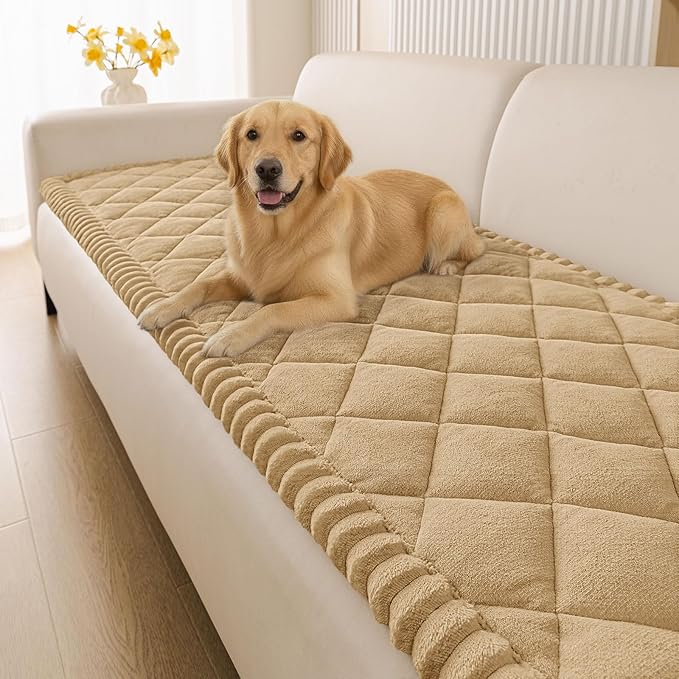 Smiry Non Slip Couch Cover for Dogs, Fuzzy Plush Pet Sofa Protector | Washable Furniture Cover for Large Dogs & Cats, Scratch & Dirt Resistant, For 2 Cushion Couch, Camel, 27.6"x47" by Smiry