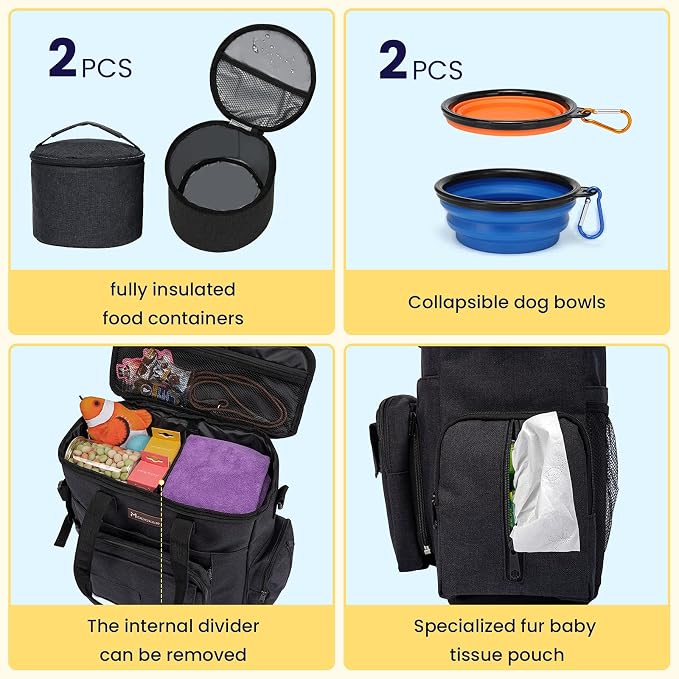 Modoker Dog Travel Bag with 2 Collapsible Dog Bowls, 1 Dog Backpack, Airline Approved Pet Travel BagOrganizer for Supplies & Accessories, 2 Travel Dog Food Container, Black | Dog travel accessories set with feeding supplies, bowls, mat, and strap. Idea... - Image 3