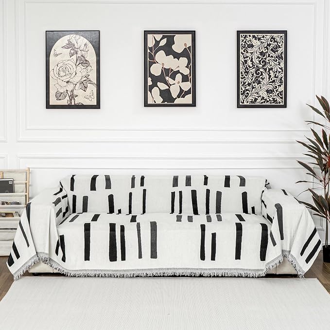 MYSKY HOME Sofa Covers for Sectional Sofa, Couch Cover for Dogs, Couch Covers with Tassel Loveseat Covers Futon Cover L Shaped Cover Washable Chenille Couch Protector, 71" x 102", Black Piano Key - Image 2