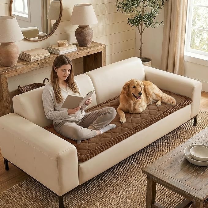 Smiry Non Slip Couch Cover for Dogs, Fuzzy Plush Pet Sofa Protector | Washable Furniture Cover for Large Dogs & Cats, Scratch & Dirt Resistant, For 3 Cushion Couch, Brown, 27.6"x95" - Image 3