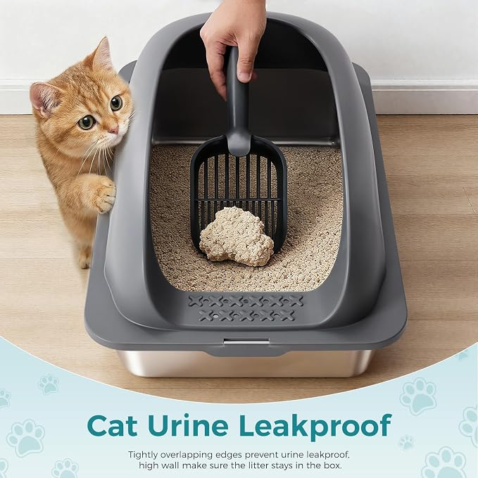 OLIXIS Stainless Steel Large Cat Litter Box with Lid, High Wall Sides | Large Cat Litter Box for Big Cats, Anti-Urine Leakage, Easy Cleaning, Scoop and Mat Included, Dark Gray - Image 4